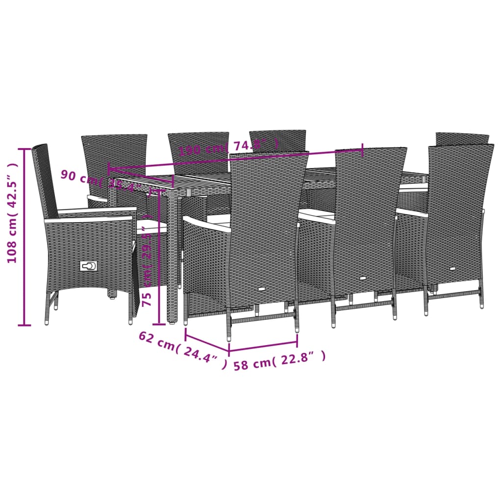 9 részes fekete polyrattan kerti étkezőgarnitúra párnákkal 5