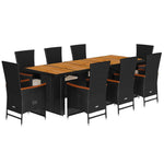 9 részes fekete polyrattan kerti étkezőgarnitúra párnákkal 2