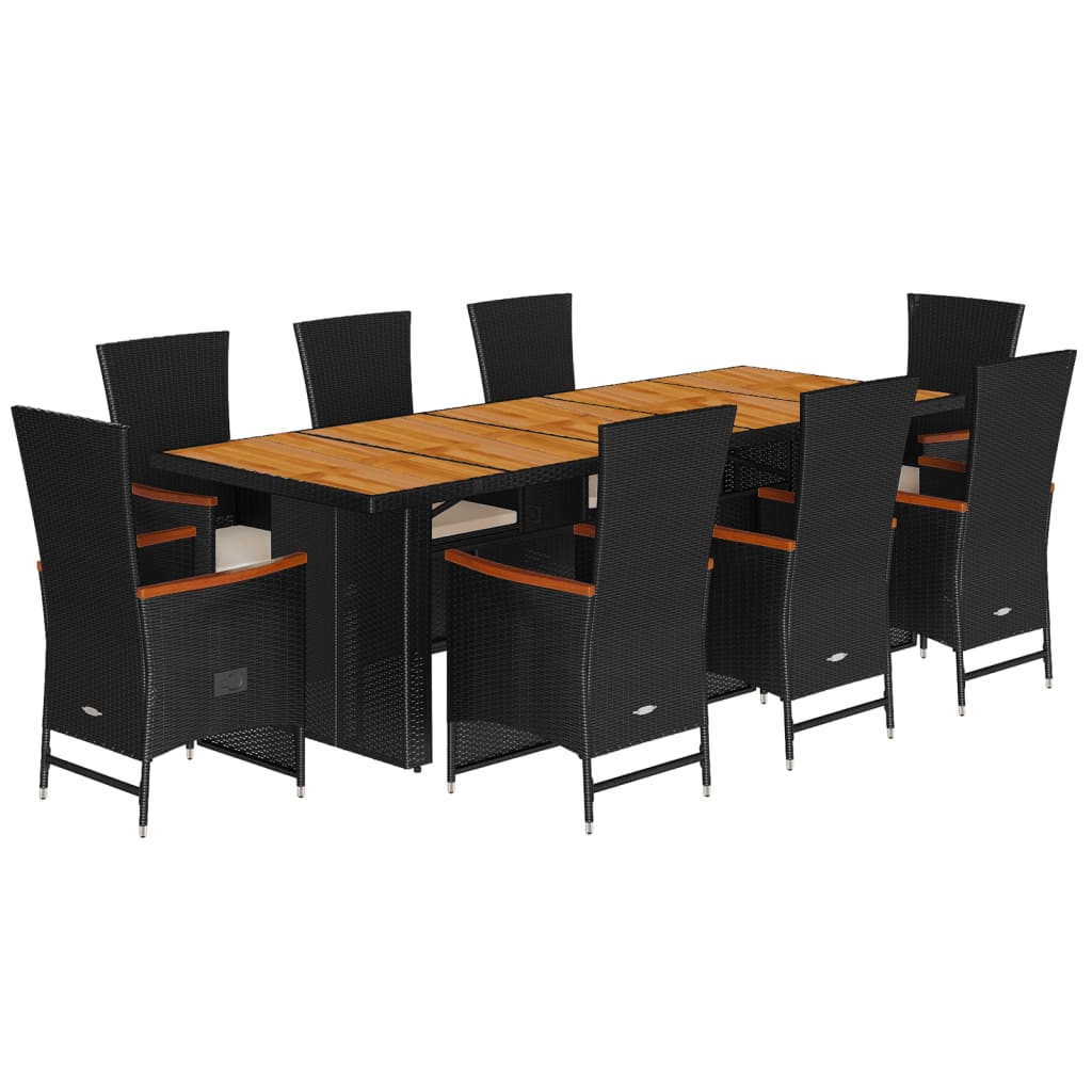 9 részes fekete polyrattan kerti étkezőgarnitúra párnákkal 2