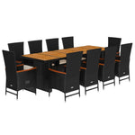 11 részes fekete polyrattan kerti étkezőgarnitúra párnákkal 2