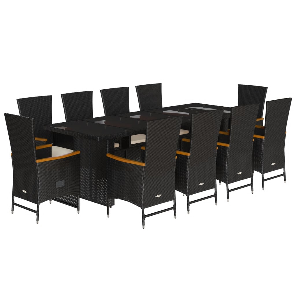 11 részes fekete polyrattan kerti étkezőgarnitúra párnákkal 2