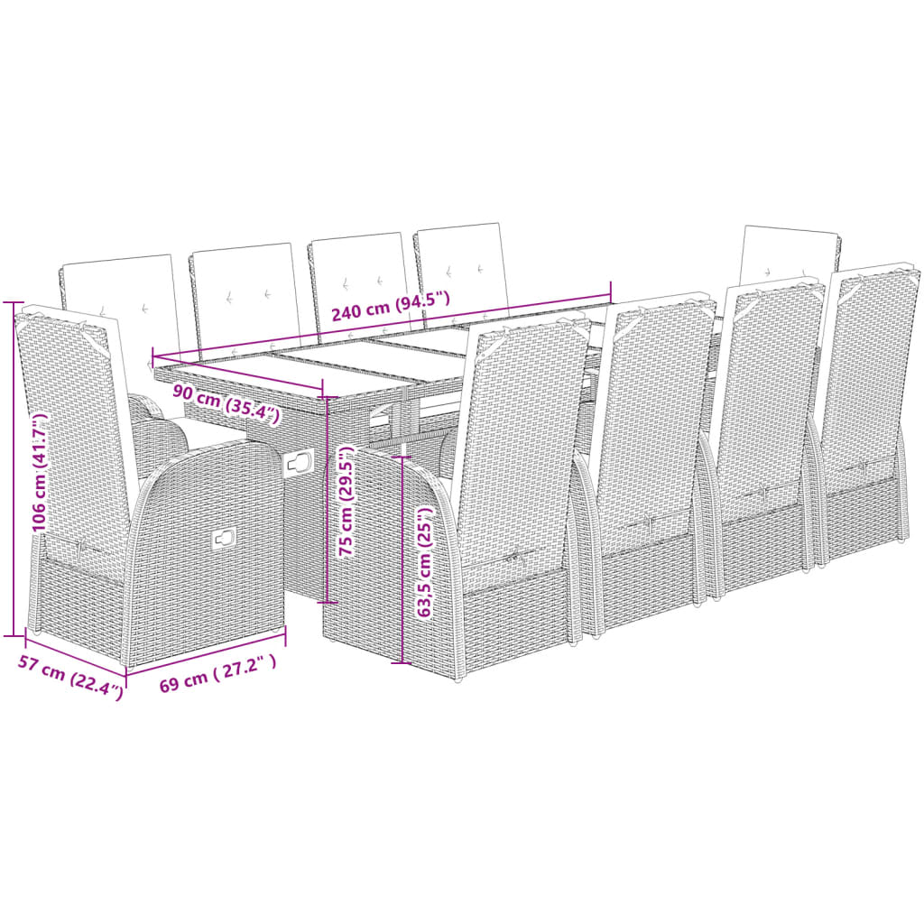 11 részes szürke polyrattan kerti ülőgarnitúra párnákkal 7