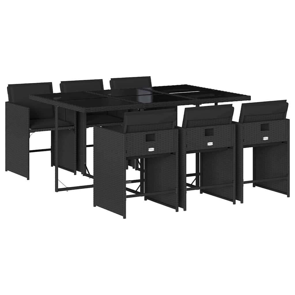 7 részes fekete polyrattan kerti étkezőgarnitúra párnával 2