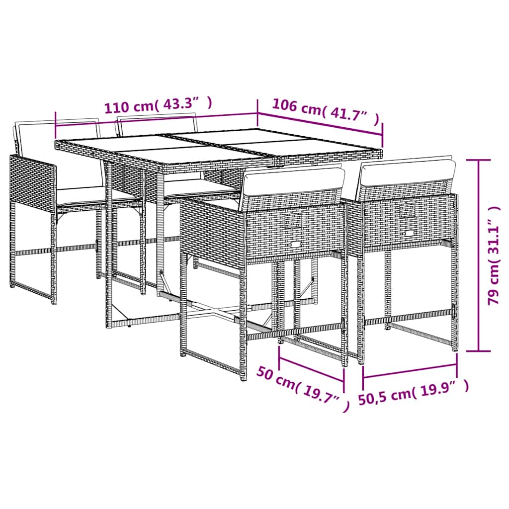 5 részes fekete polyrattan kerti étkezőgarnitúra párnákkal 9