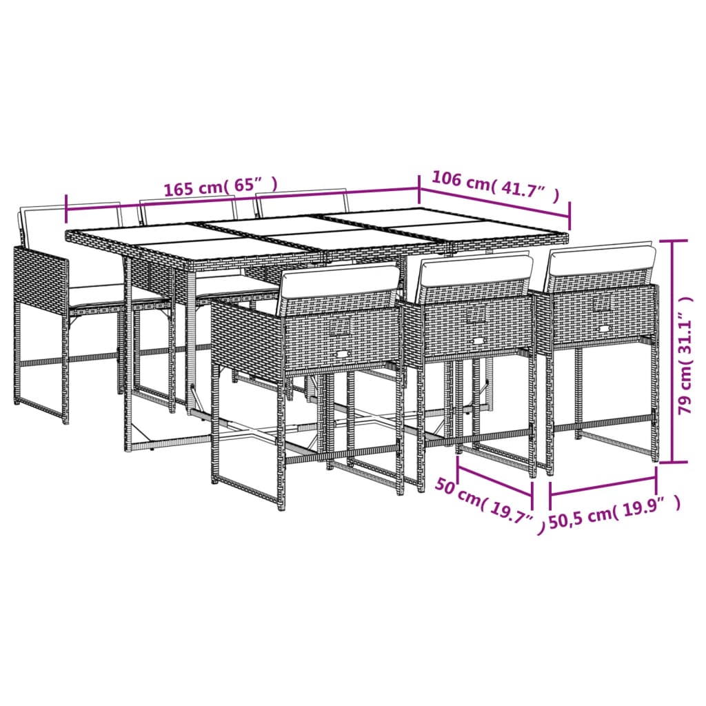 7 részes szürke polyrattan kerti étkezőgarnitúra párnával 9