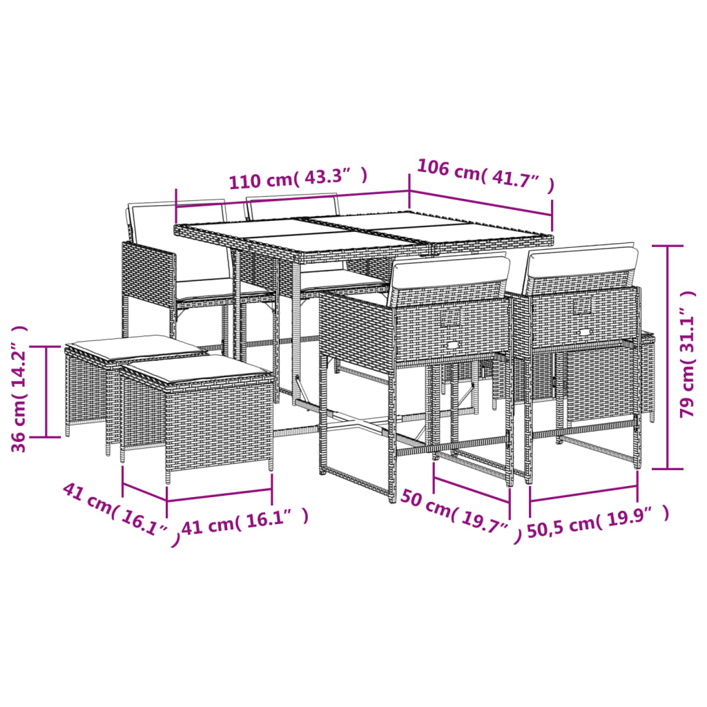 9 db szürke polyrattan kerti étkezőgarnitúra párnákkal 11