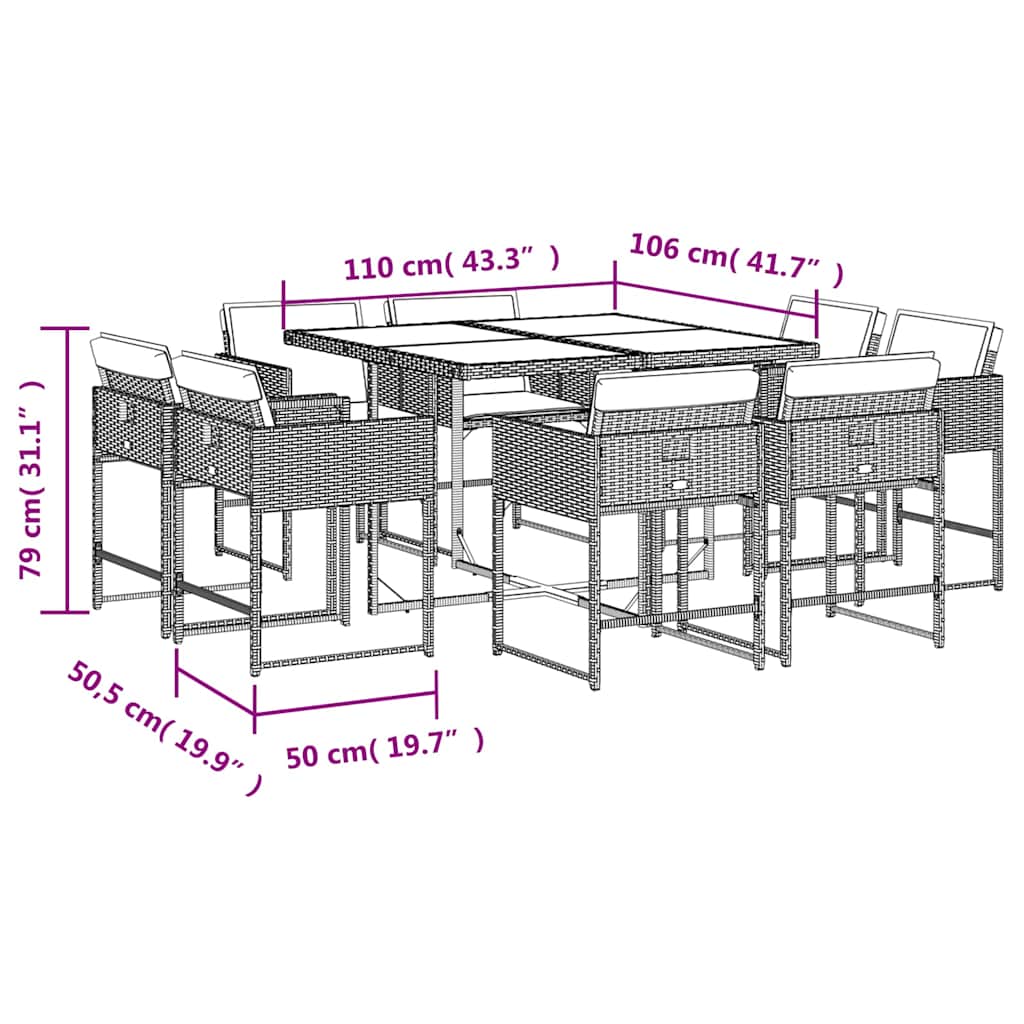 9 részes barna polyrattan kerti étkezőgarnitúra párnákkal 8