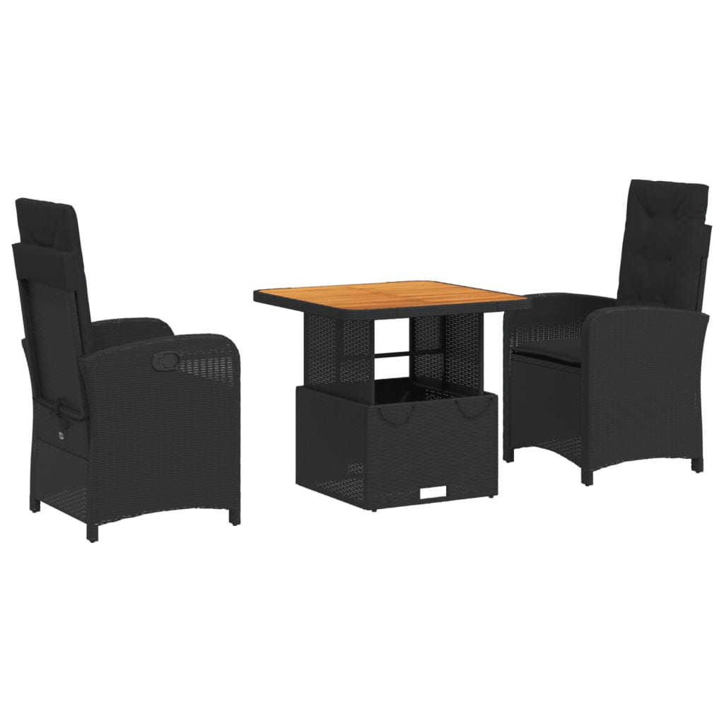 3 részes fekete polyrattan kerti étkezőgarnitúra párnákkal 2