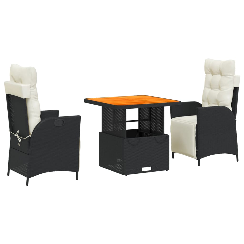 3 részes fekete polyrattan kerti étkezőgarnitúra párnákkal 2