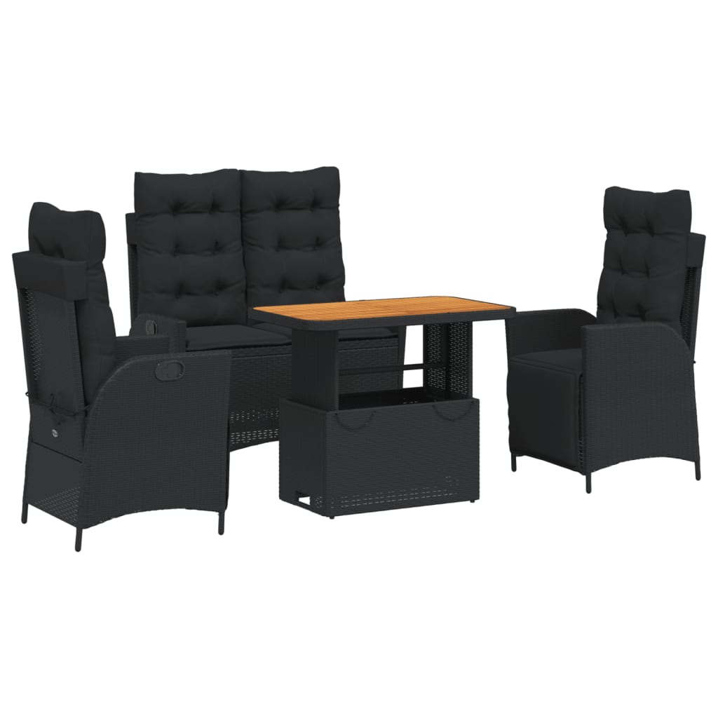 4 részes fekete polyrattan kerti étkezőszett párnákkal 2