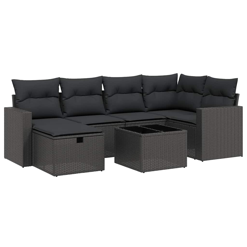 7 részes fekete polyrattan kerti ülőgarnitúra párnával 2