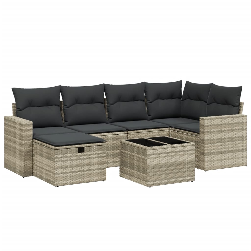 7 részes világosszürke polyrattan kerti ülőgarnitúra párnákkal 2