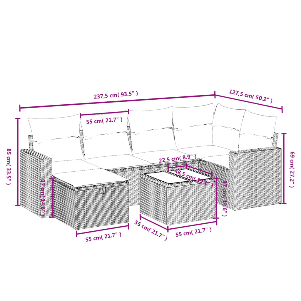7 részes világosszürke polyrattan kerti ülőgarnitúra párnákkal 4