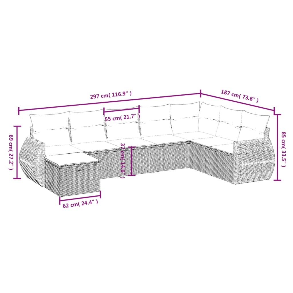 8 részes fekete polyrattan kerti ülőgarnitúra párnákkal 4
