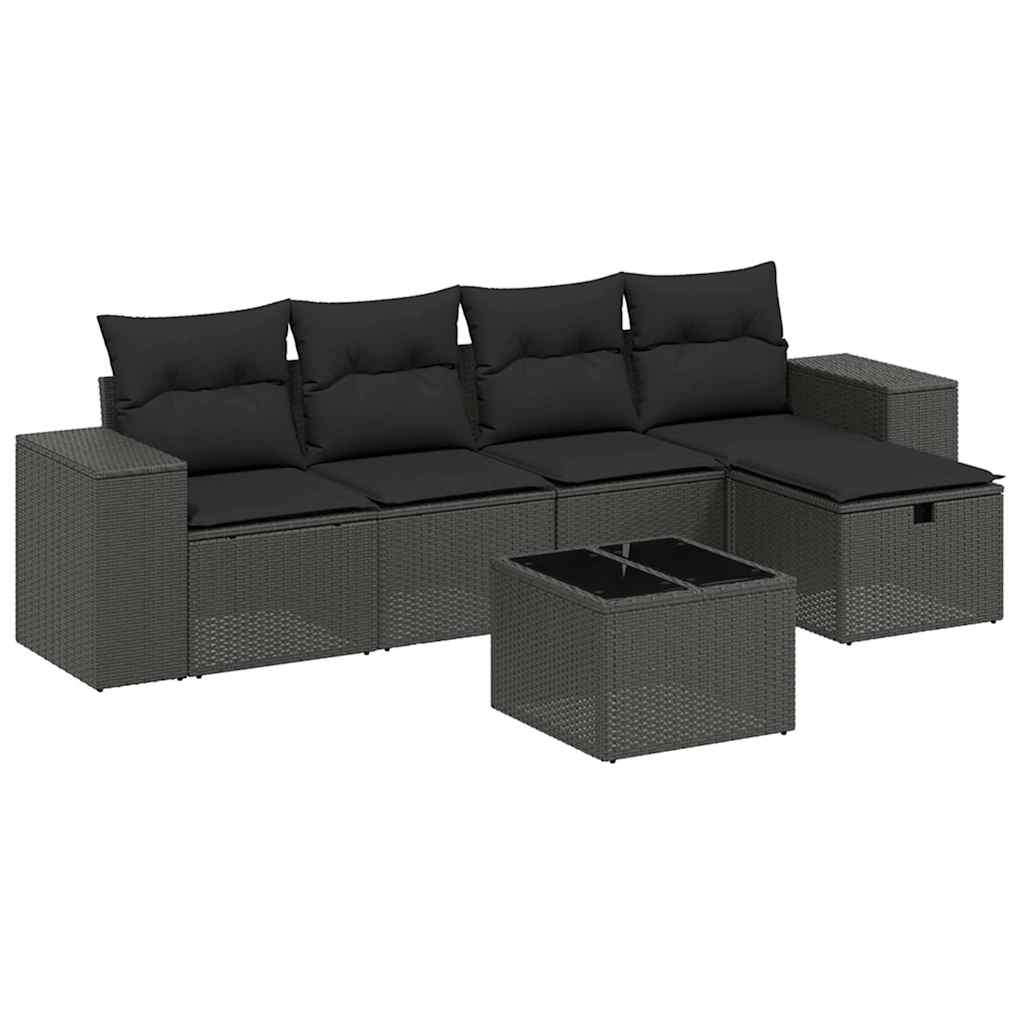 6 részes fekete polyrattan kerti ülőgarnitúra párnákkal 2