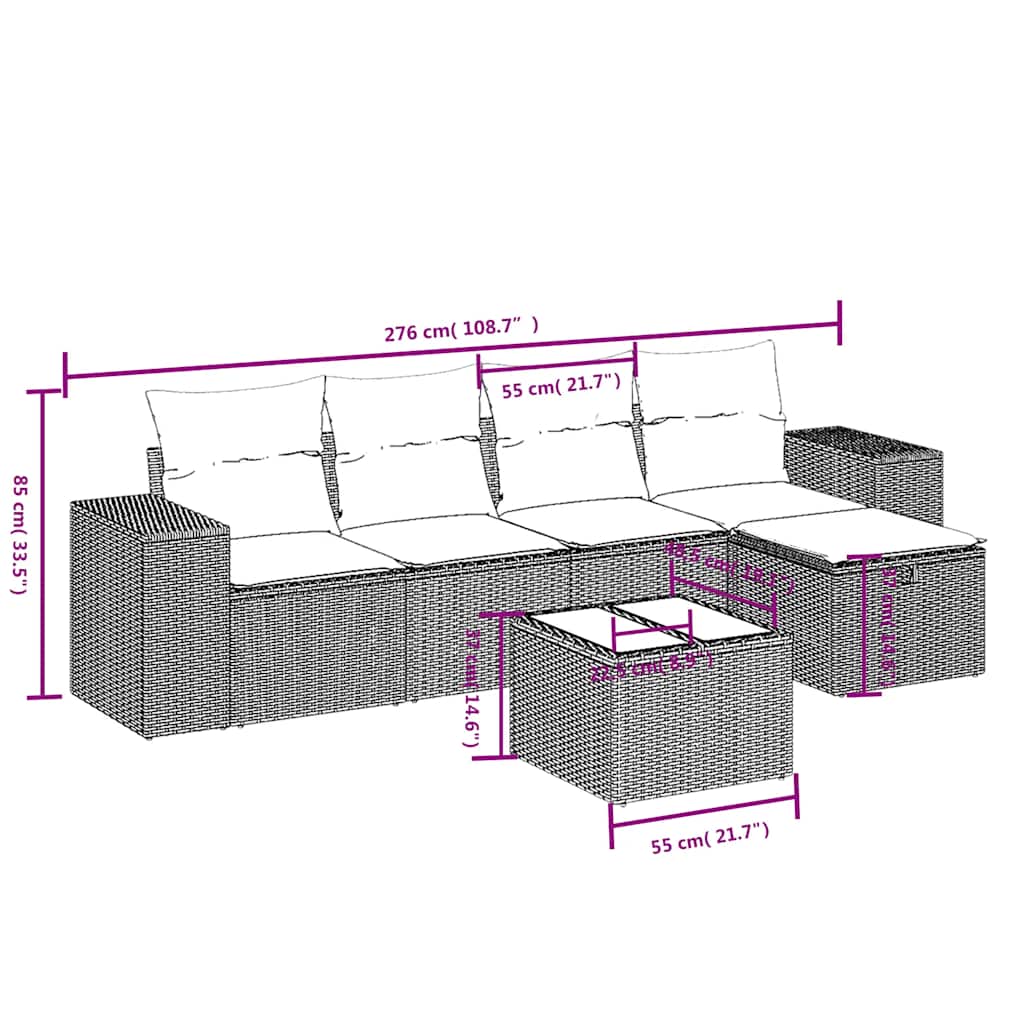 6 részes fekete polyrattan kerti ülőgarnitúra párnákkal 4