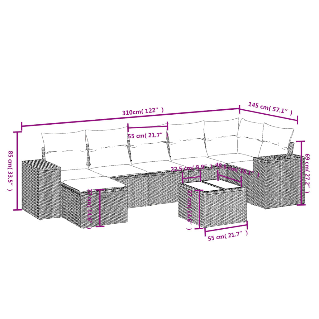 8 részes világosszürke polyrattan kerti ülőgarnitúra párnával 4