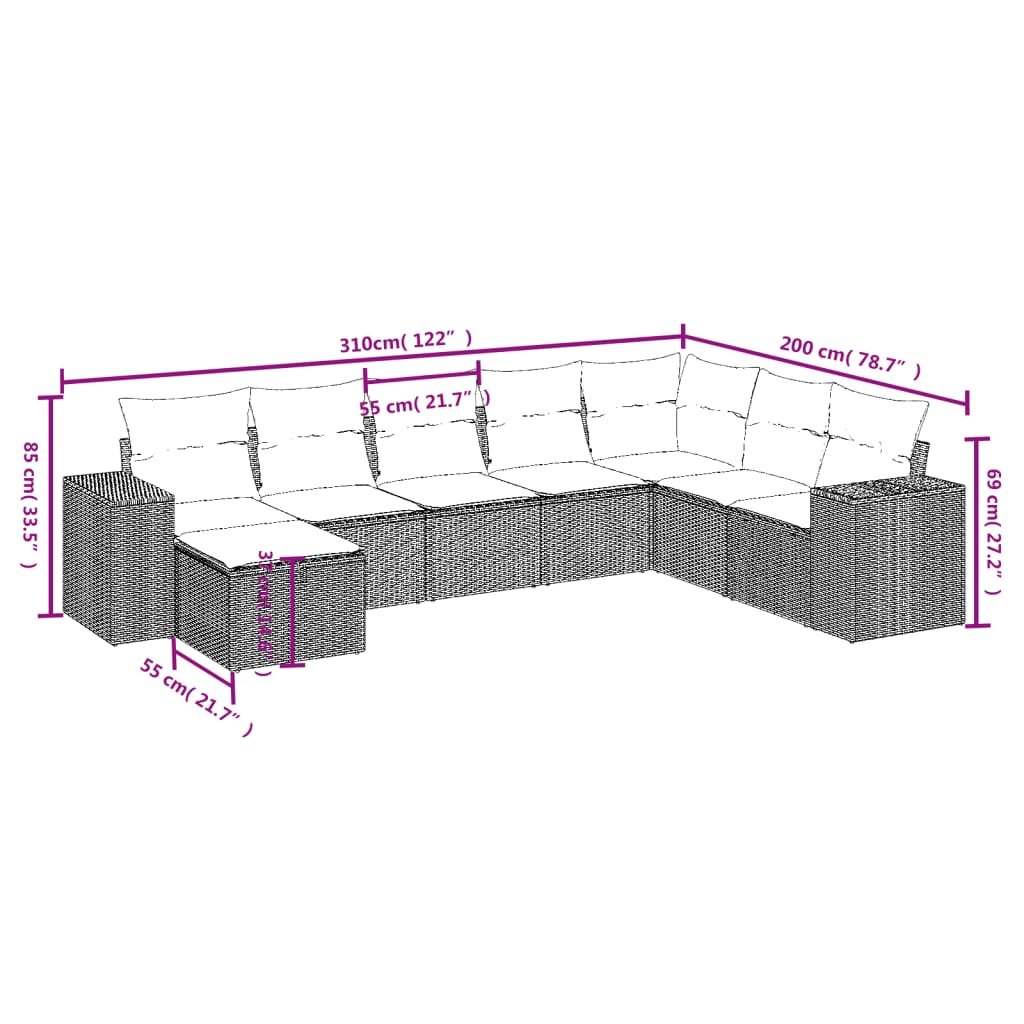 8 részes fekete polyrattan kerti ülőgarnitúra párnákkal 4
