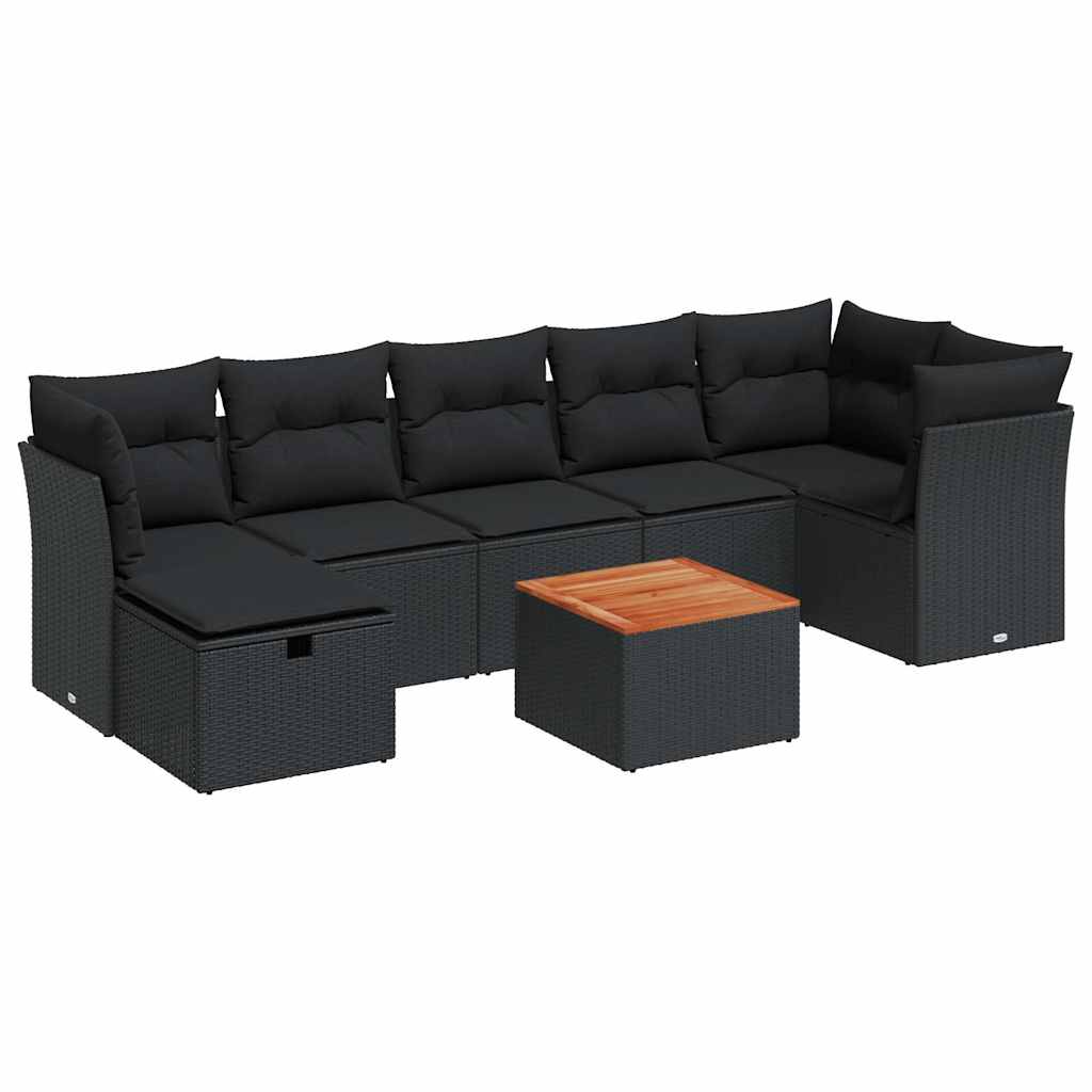 8 részes fekete polyrattan kerti ülőgarnitúra párnákkal 2