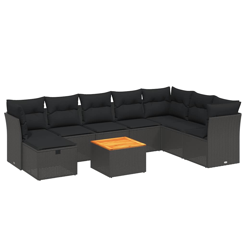 9 részes fekete polyrattan kerti ülőgarnitúra párnákkal 2