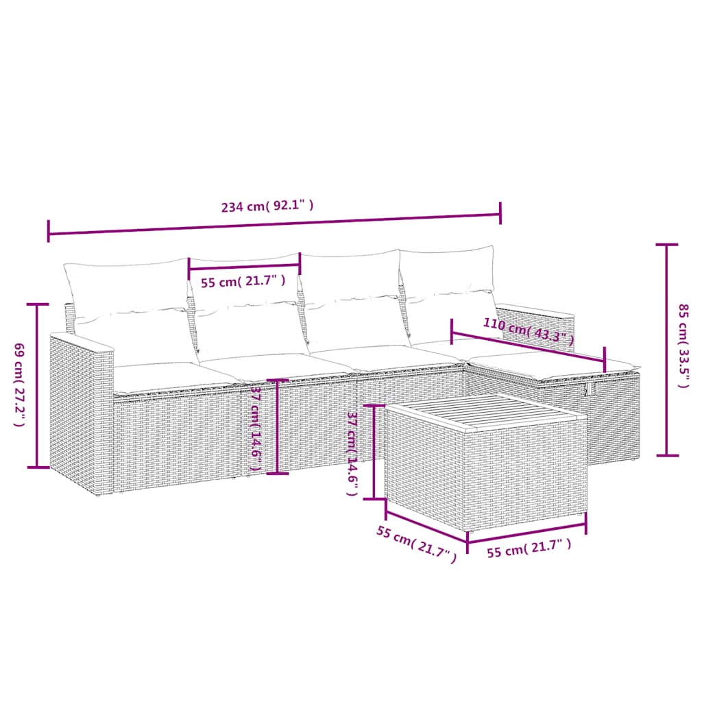 6 részes fekete polyrattan kerti ülőgarnitúra párnákkal 4