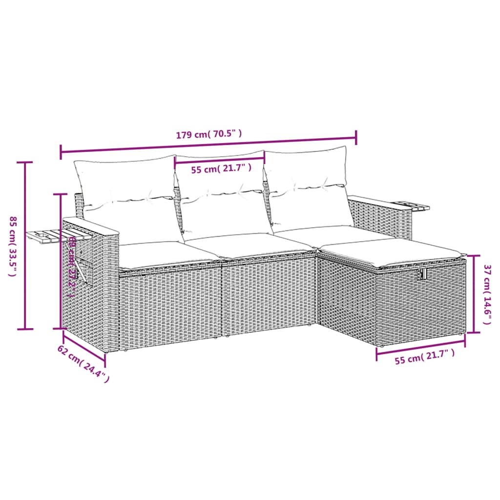 4 részes fekete polyrattan kerti ülőgarnitúra párnákkal 4