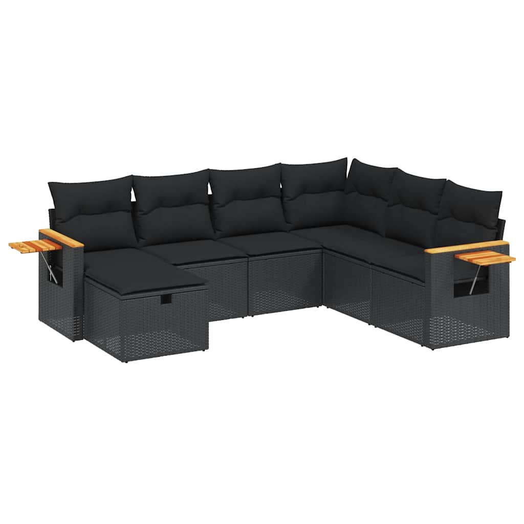 7 részes fekete polyrattan kerti ülőgarnitúra párnával 2