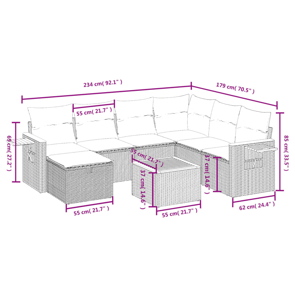 8 részes szürke polyrattan kerti ülőgarnitúra párnákkal 4