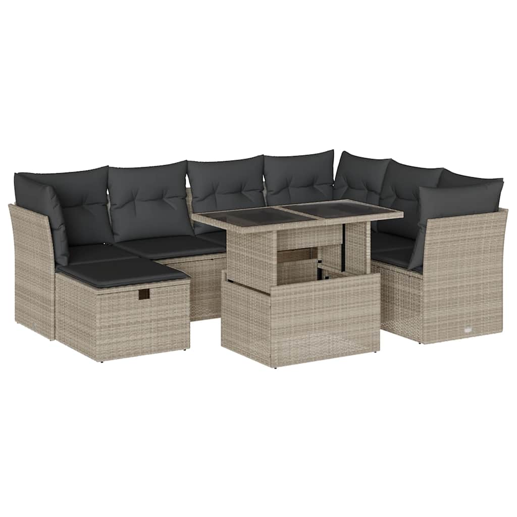 8 részes világosszürke polyrattan kerti ülőgarnitúra párnával 2