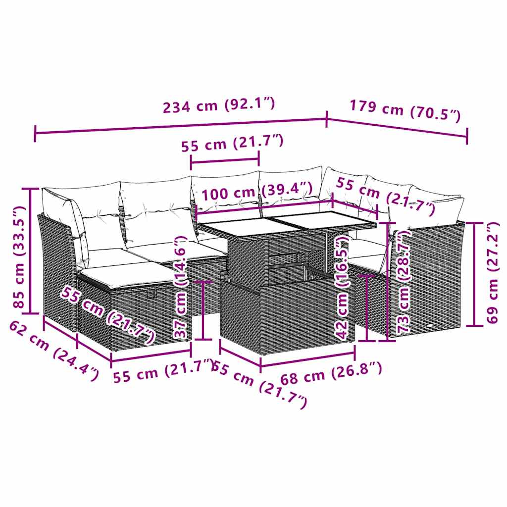 8 részes világosszürke polyrattan kerti ülőgarnitúra párnával 12