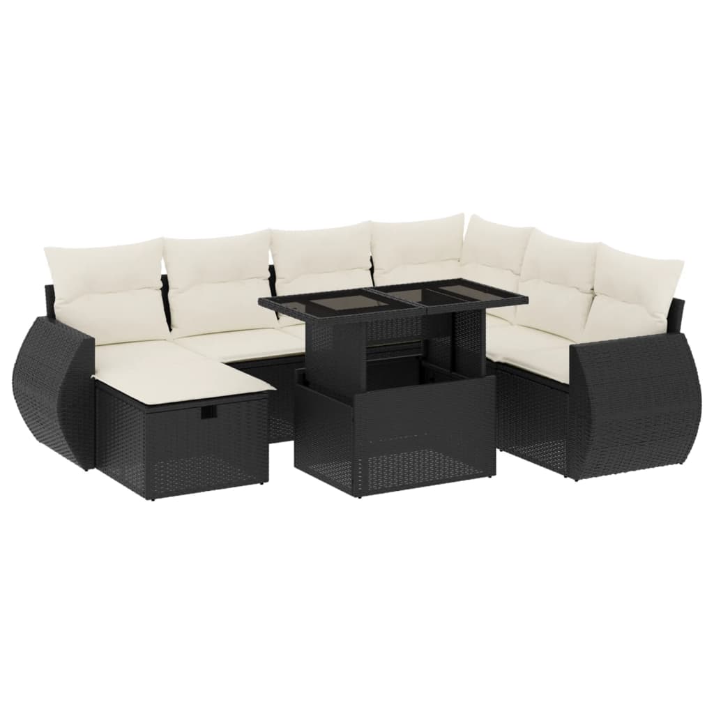 8 részes fekete polyrattan kerti ülőgarnitúra párnákkal 2