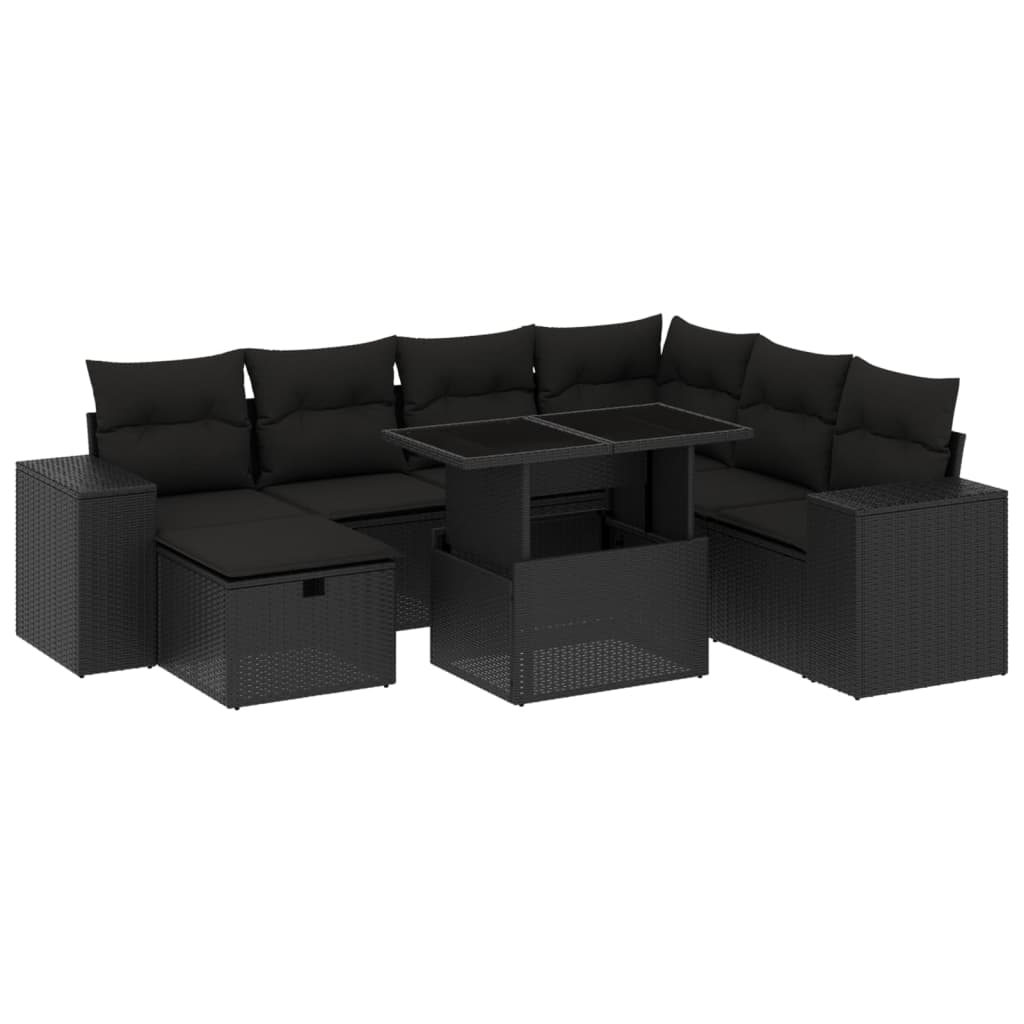 8 részes fekete polyrattan kerti ülőgarnitúra párnákkal 2