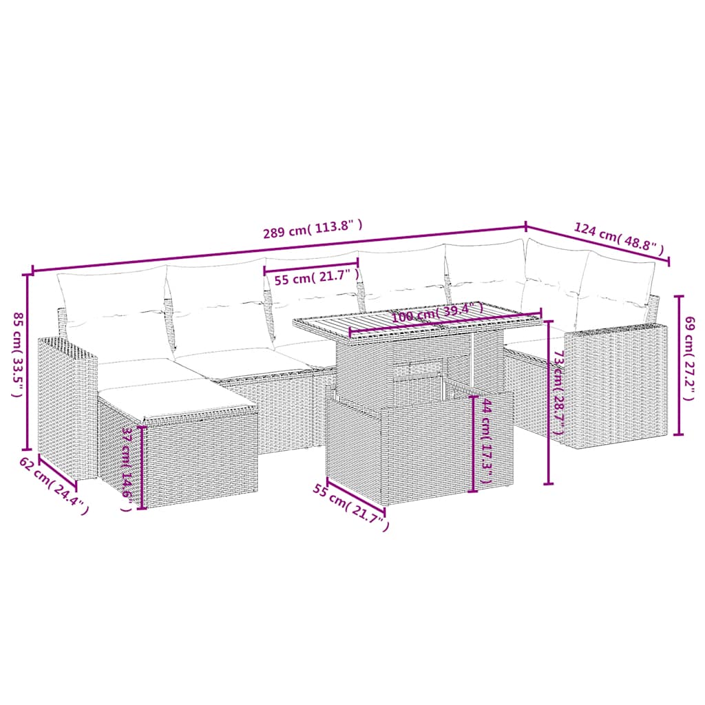 8 részes fekete polyrattan kerti ülőgarnitúra párnákkal 4