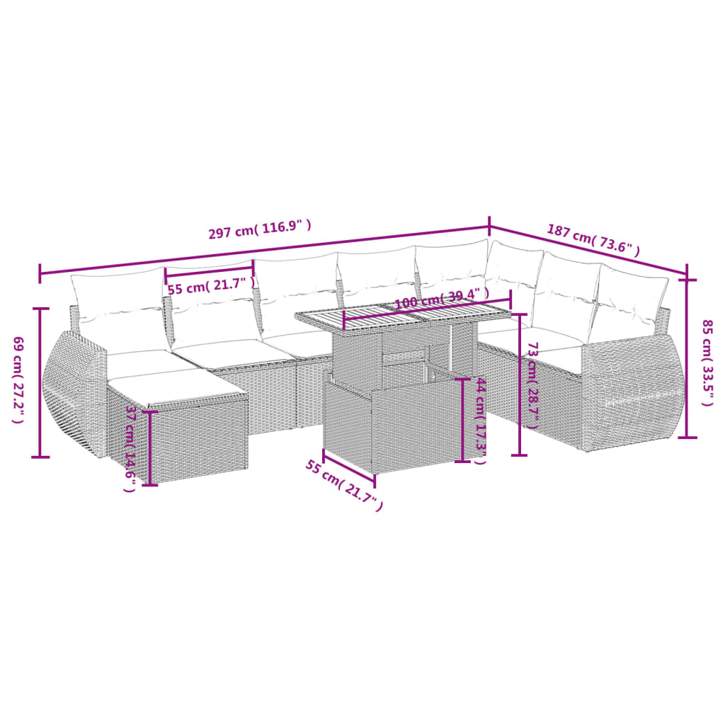 9 részes bézs polyrattan kerti ülőgarnitúra párnákkal 4