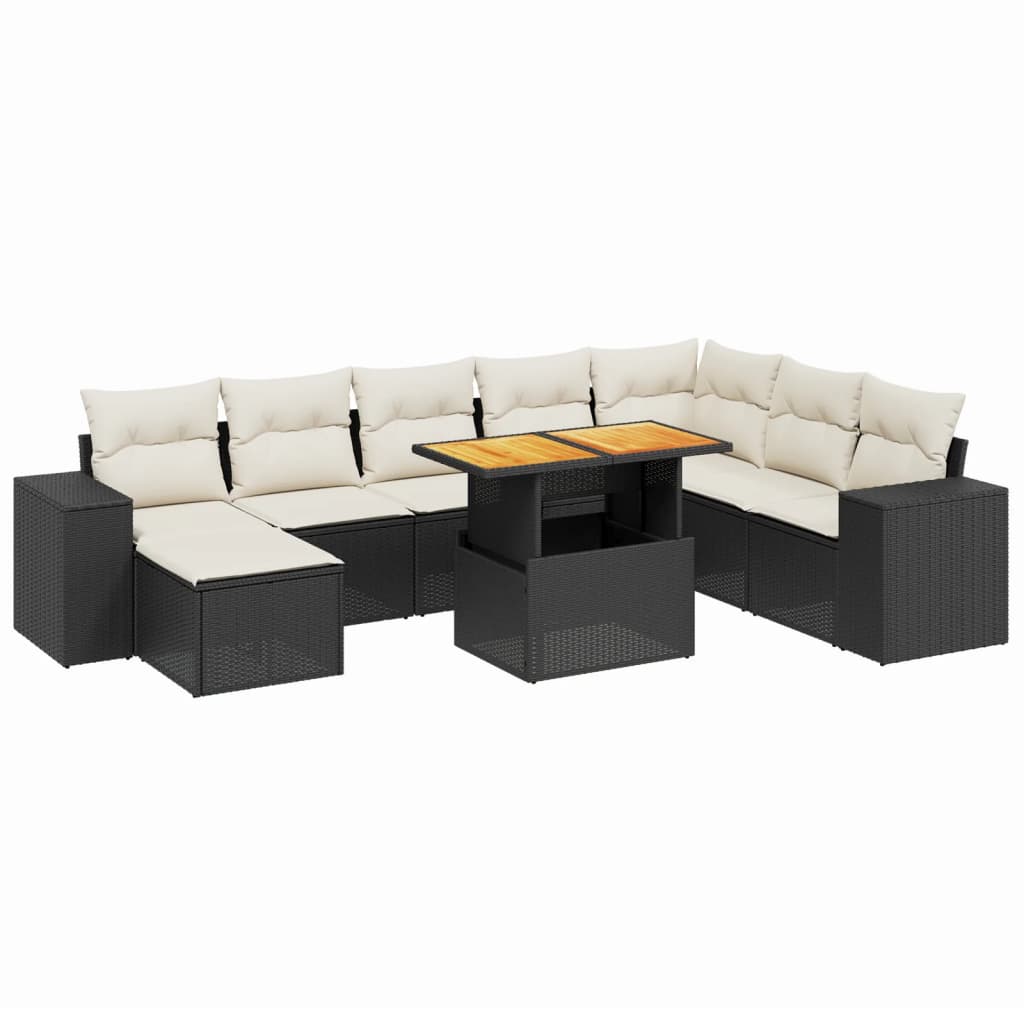 9 részes fekete polyrattan kerti ülőgarnitúra párnákkal 2