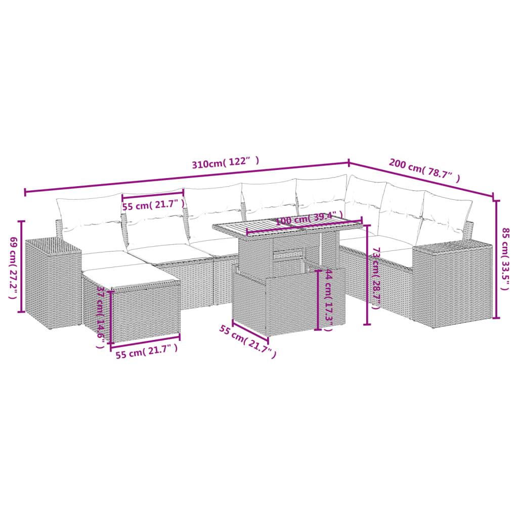 9 részes fekete polyrattan kerti ülőgarnitúra párnákkal 4