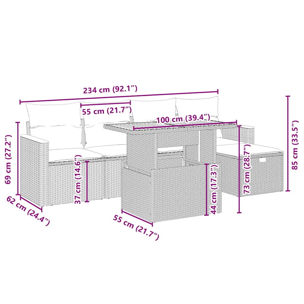 6 részes bézs polyrattan kerti ülőgarnitúra párnával 4