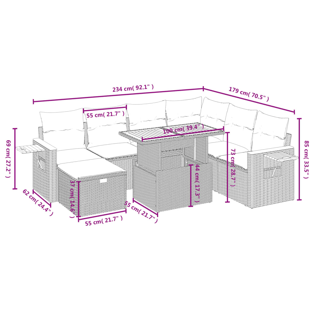 8 részes fekete polyrattan kerti ülőgarnitúra párnákkal 4