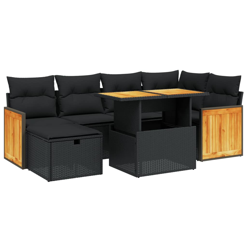 7 részes fekete polyrattan kerti ülőgarnitúra párnával 2
