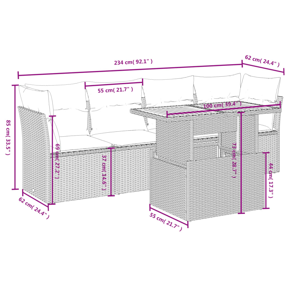 5 részes bézs polyrattan kerti ülőgarnitúra párnákkal 3