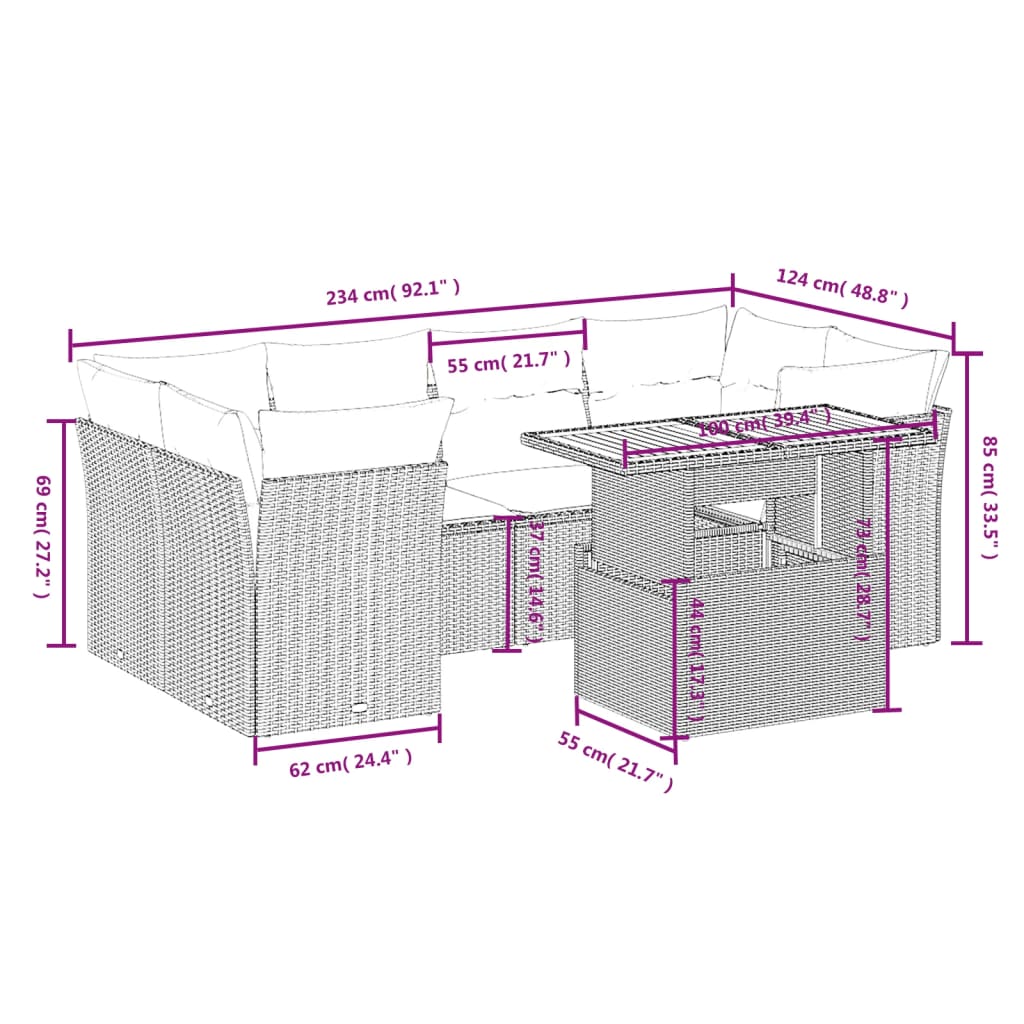 7 részes fekete polyrattan kerti ülőgarnitúra párnával 3