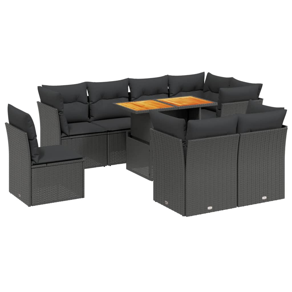 9 részes fekete polyrattan kerti ülőgarnitúra párnákkal 2