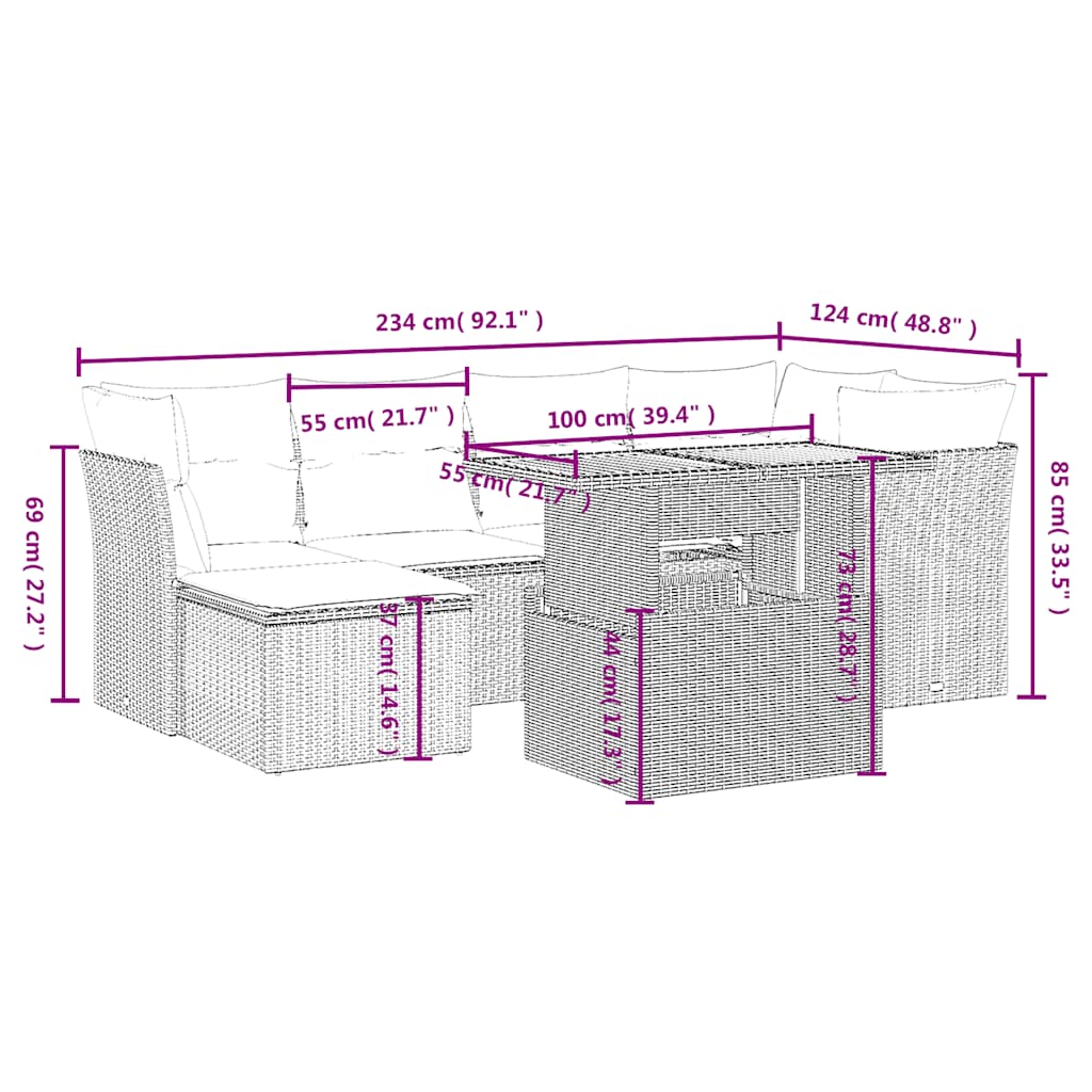 7 részes fekete polyrattan kerti ülőgarnitúra párnával 3