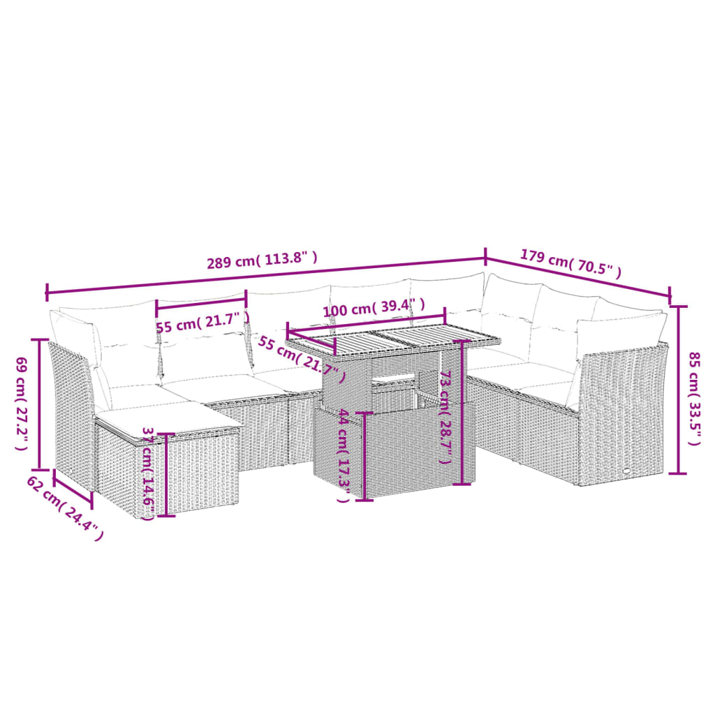 9 részes bézs polyrattan kerti ülőgarnitúra párnákkal 3