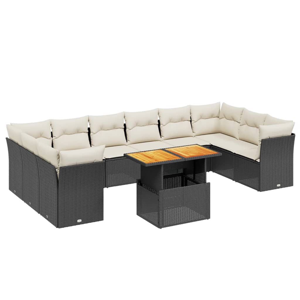 11 részes fekete polyrattan kerti ülőgarnitúra párnákkal 2