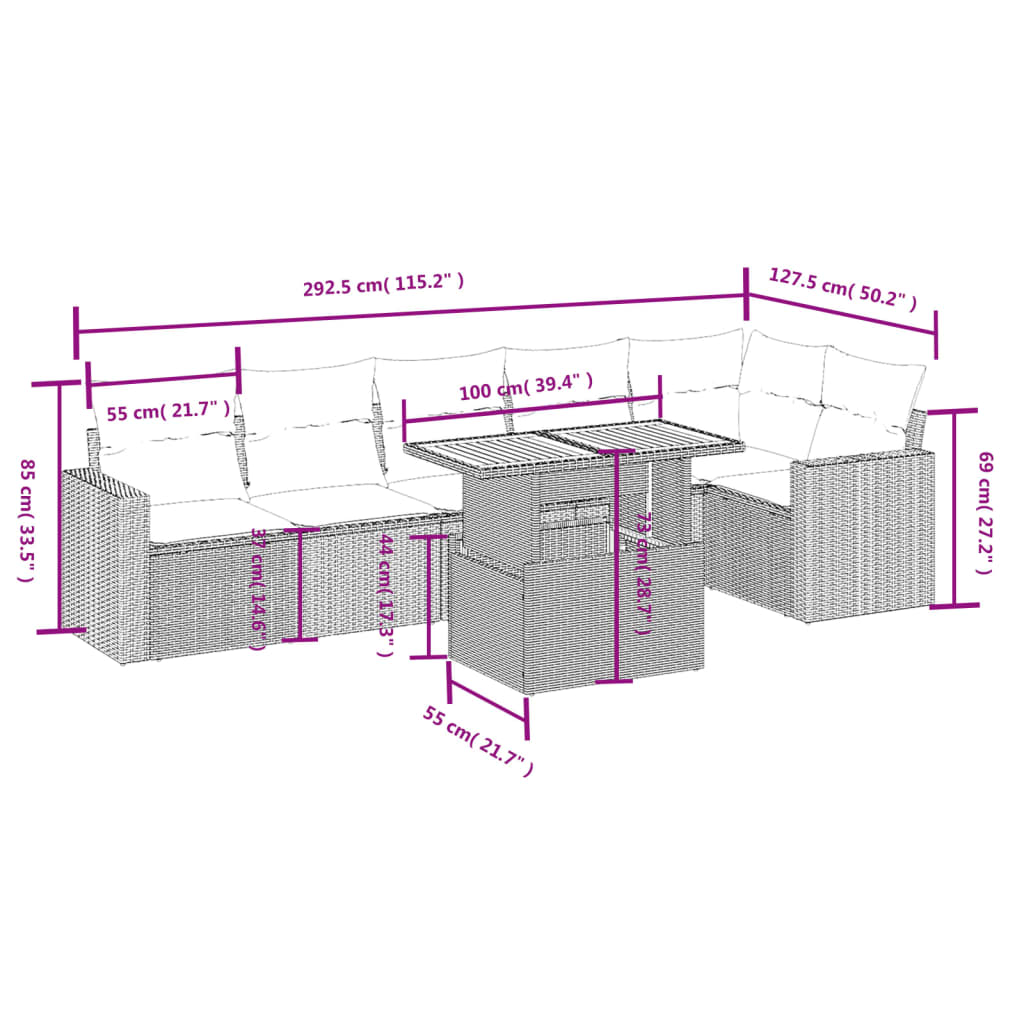 7 részes bézs polyrattan kerti ülőgarnitúra párnákkal 3