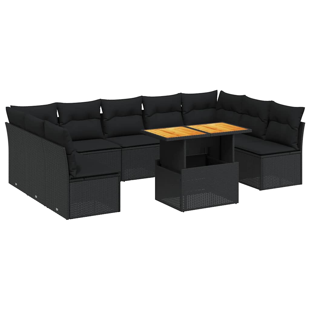 10 részes fekete polyrattan kerti ülőgarnitúra párnákkal 2