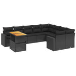 10 részes fekete polyrattan kerti ülőgarnitúra párnákkal 2