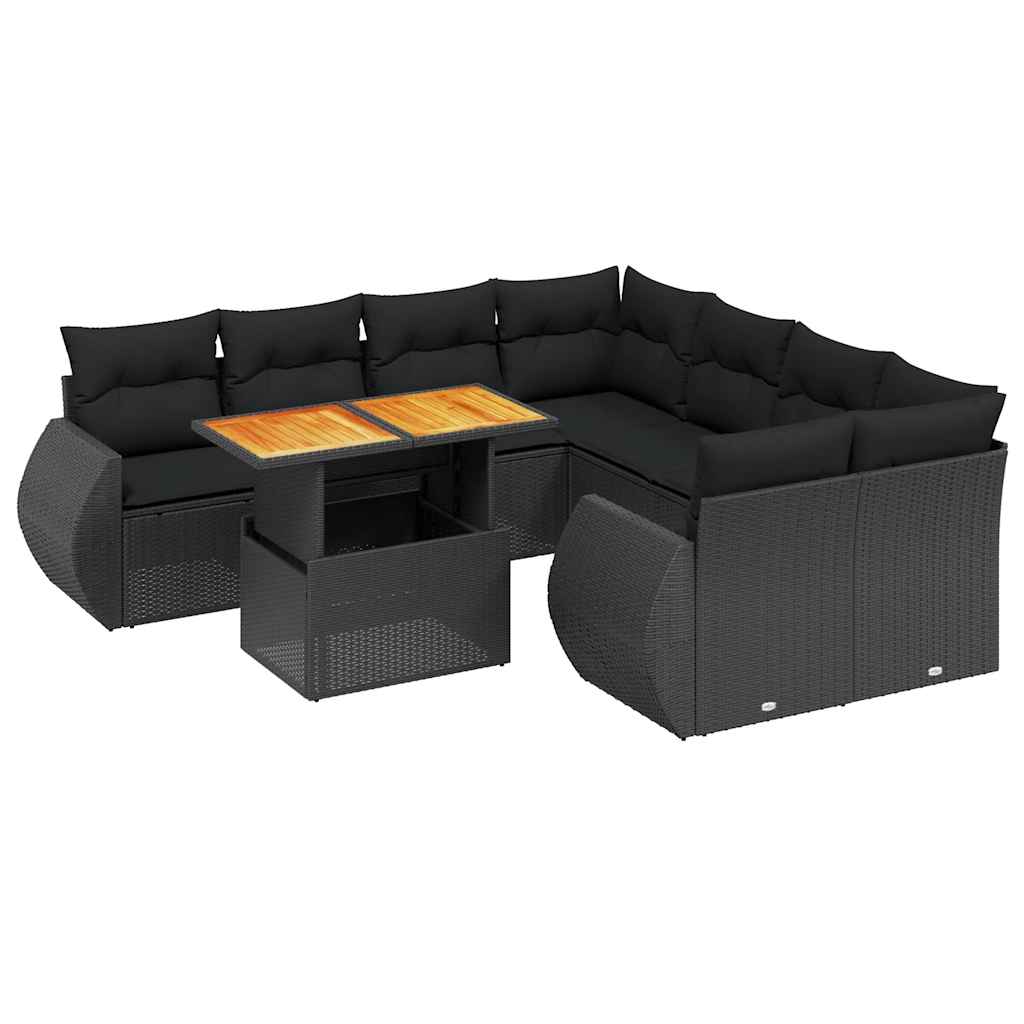 9 részes fekete polyrattan kerti ülőgarnitúra párnákkal 2