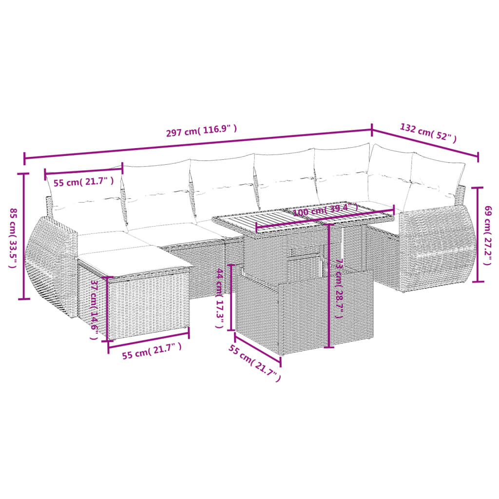 8 részes bézs polyrattan kerti ülőgarnitúra párnával 3